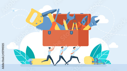 Quick assistance in repair and maintenance. Tiny characters carry a toolbox. Workman's toolkit. Red toolbox with instruments inside. Tool chest with hand tools. Set building tools repair. Flat Vector photo