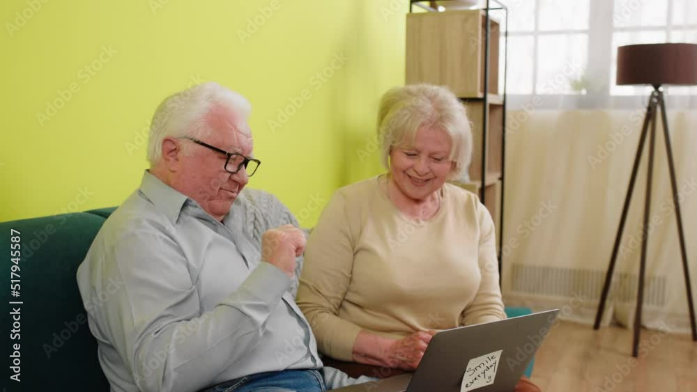 Good looking old couple have a video conversation with someone from the laptop they excited smiling large and discussing with pleasure Good looking old couple have a video conversation with someone from the laptop they excited smiling large and discussing with pleasure