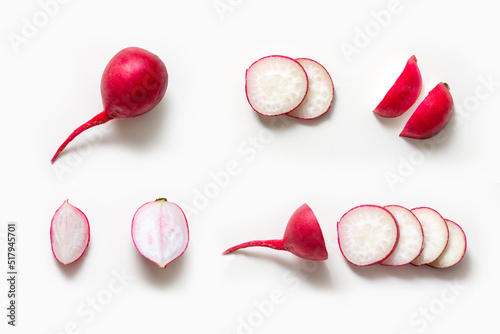 Set of fresh whole and sliced ​​radishes isolated on white background. View from above