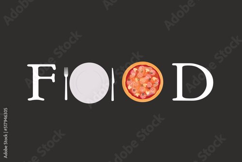 food logo with fork and spoon and pizza background for fast food cuisine restaurant