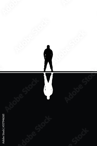 Silhouette of a person in a background, Detective. Creative, retro illustration vector. Man standing silhouette Mirror Reflection Shadow.
