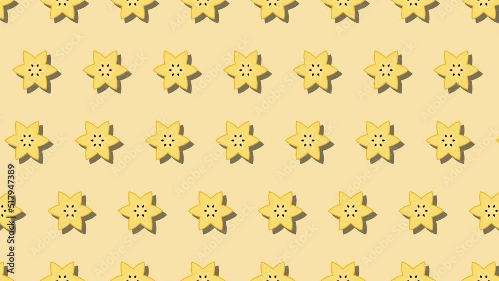 Star fruit Carambola in animated pattern on a yellow background. Seamless loop food animation with simple stylish repeated elements