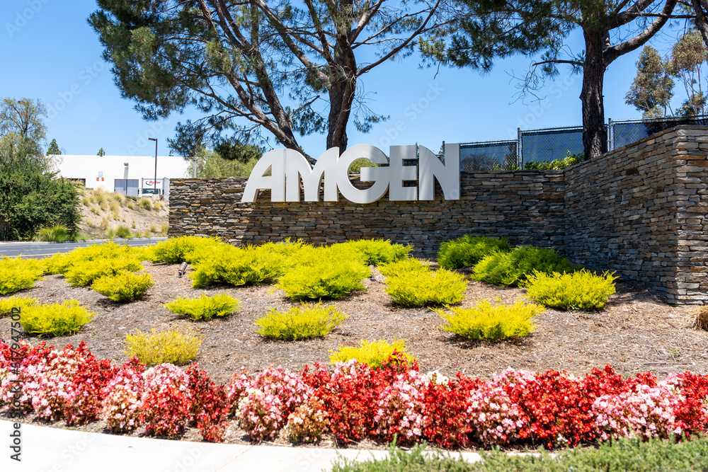 Thousand Oaks, California, USA - July 7, 2022: Amgen sign at its