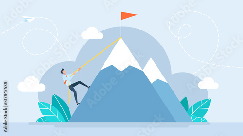 Businessman climbs to the top of the mountain. Metaphor of success, achievements, progress, growth in business. Efforts to achieve the goal. Mountaineering. Climbing. Flat design. Vector illustration
