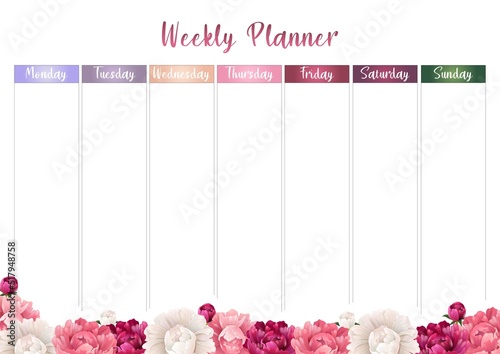 Modern vector collection of daily weekly monthly planner printable template with colorful elements. Weekly planner decorated with peonies and color stickers templates. Blank white notebook page A4