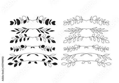 Set of floral text dividers with eucalyptus branches. Outline and silhouette hand drawn text dividers. Decorative elements for invitations, greeting cards, web.