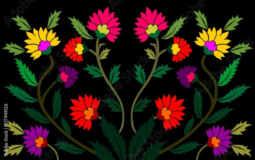 Vector motif of colorful flowers. Floral design with exotic flowers  tropical leaves . Tree of life Colorful flowers on a dark background.