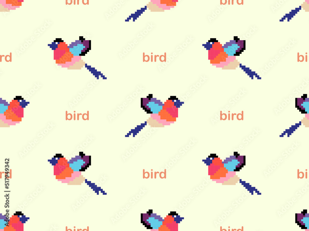 Bird cartoon character seamless pattern on yellow background. Pixel style Bird cartoon character seamless pattern on yellow background. Pixel style
