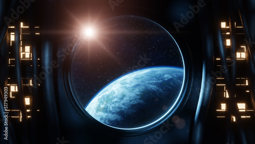 Fototapeta Naklejka Na Ścianę i Meble -  View of an Earth-like planet from a round window of a spaceship with cables and light panels. Fantasy and science fiction environment. 3D Rendering