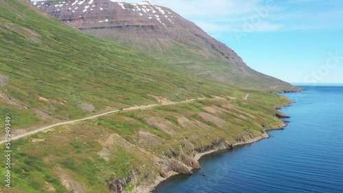 Aerial of road to Dalatangi in Iceland