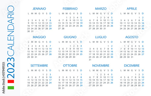 Calendar 2023 year Horizontal - vector template illustration. Italian version