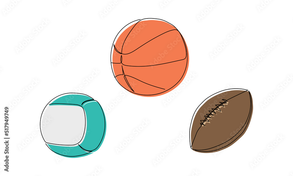 Volleyball, rugby, basketball colored balls one line art. Continuous line drawing of ball, sport, running, sports, activity, athlete, game, training, competitive, exercise, play Volleyball, rugby, basketball colored balls one line art. Continuous line drawing of ball, sport, running, sports, activity, athlete, game, training, competitive, exercise, play