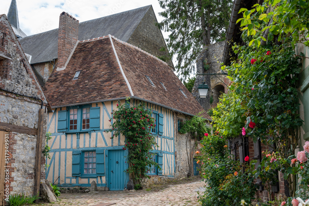 One of most beautiful french villages, Gerberoy - small historical village with half-timbered houses and colorful roses flowers, France