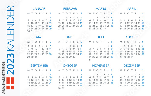 Calendar 2023 year Horizontal - vector template illustration. Danish version