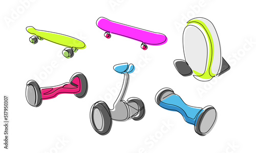 Unicycle, gyroscooter, skate colored one line art. Continuous line drawing of sport, transportation, speed, move, electric, motion, hobby, mobile, kid, hipster activity wheel hoverboard, color