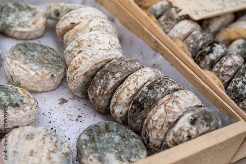 Matured french goat cheeses on farmers market in Cassis, Provence, France photo