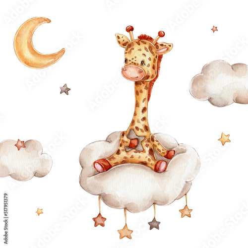 Cute cartoon giraffe on cloud  watercolor hand drawn illustration  with white isolated background © Нина Новикова