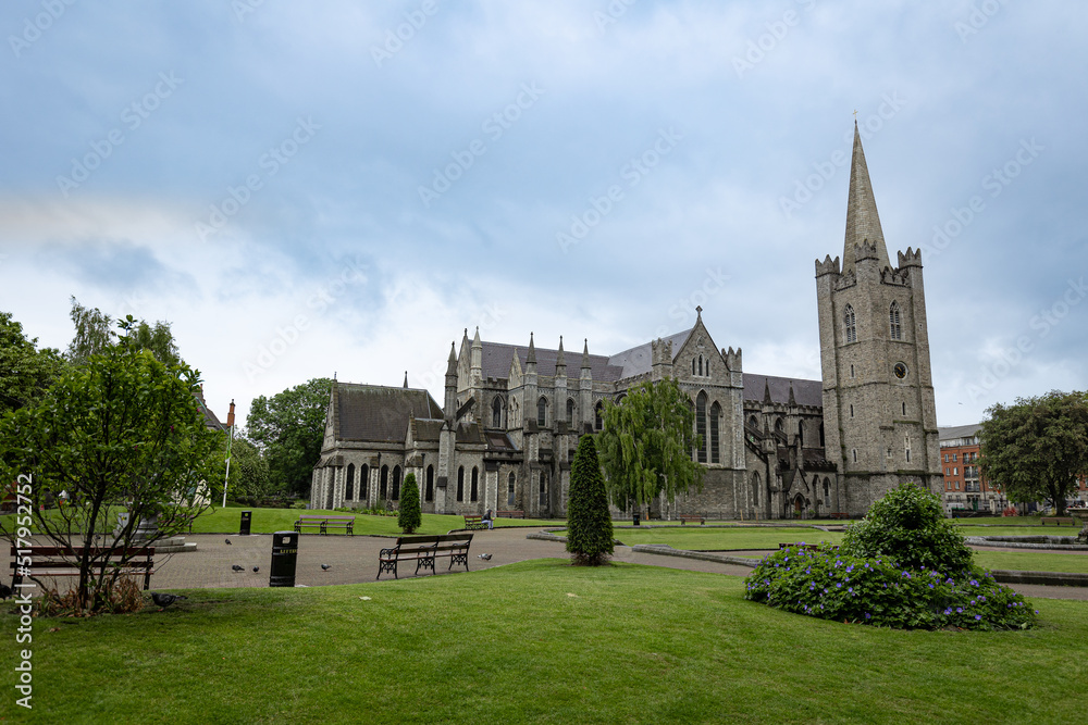 Grounds of St Patrick's Cathedral in downtown Dublin, Ireland during overcast day