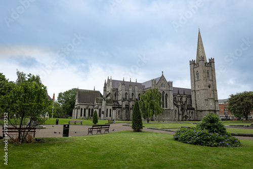 Grounds of St Patrick's Cathedral in downtown Dublin, Ireland during overcast day