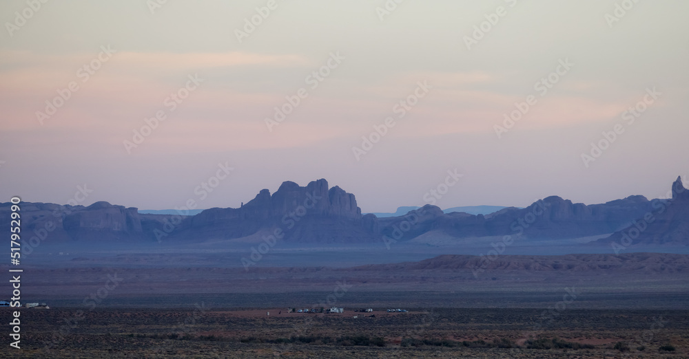 Desert Rocky Mountain American Landscape. Sunset Sky. Oljato-Monument Valley, Utah, United States. Nature Background Panorama
