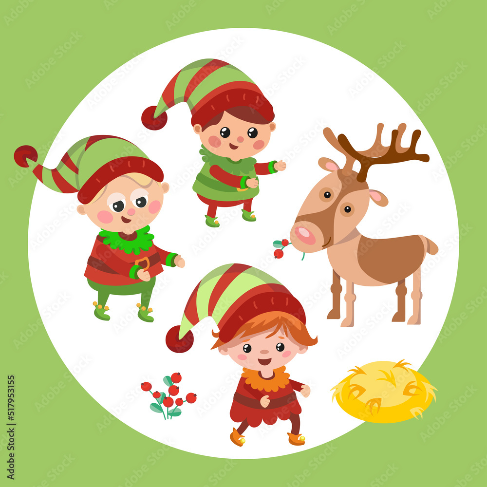 Fototapeta premium Cute elves and reindeer in Christmas. Cartoon style characters on isolated background. Set of pictures for design of posters, games, books, puzzles. Vector hand drawn illustration.