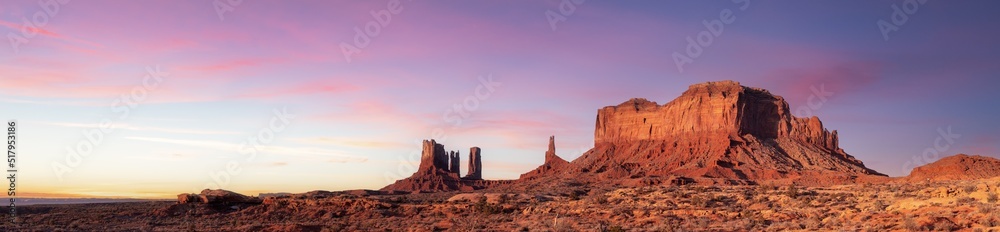 Desert Rocky Mountain American Landscape. Dramatic Sunrise Sky Art Render. Oljato-Monument Valley, Utah, United States. Nature Background Panorama
