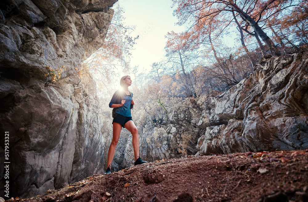 Active lifestyle. Trekking and hiking. Young woman with rucksack in the rocks forest.