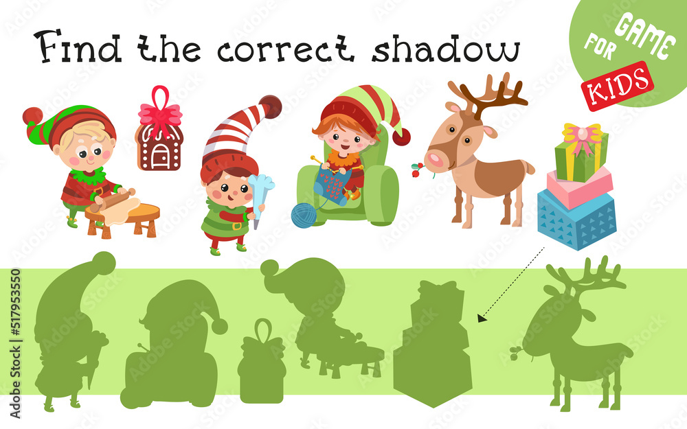 Cute elves and Christmas items. Find the correct shadow. Game for children. Activity, color vector illustration. Characters in cartoon style.
