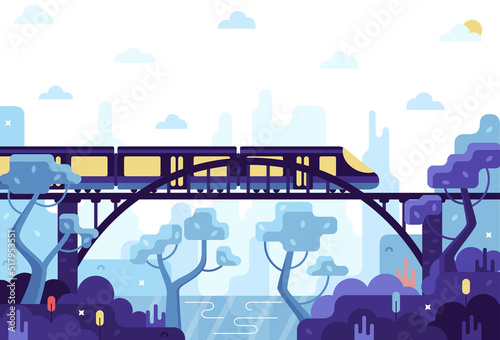 Photo Train on the bridge, vector cartoon illustration in flat stile