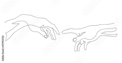 Two hands reach out to each other. Fragment of a painting. One line vector illustration.