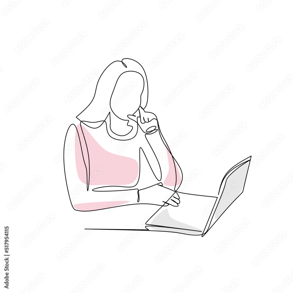 Vector illustration of a woman working at a computer drawn in line-art style