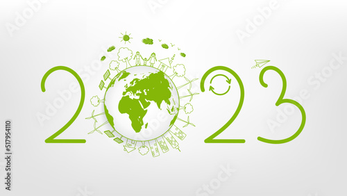 New year 2023 Eco friendly, Sustainability planning concept and World environmental with doodle icons, Vector illustration