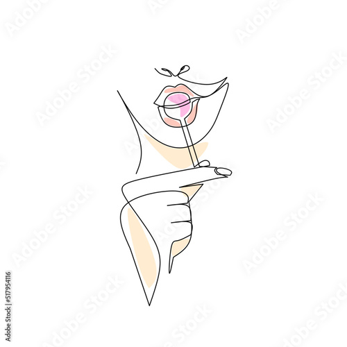 Vector illustration of a woman eating a lollipop drawn in line art style
