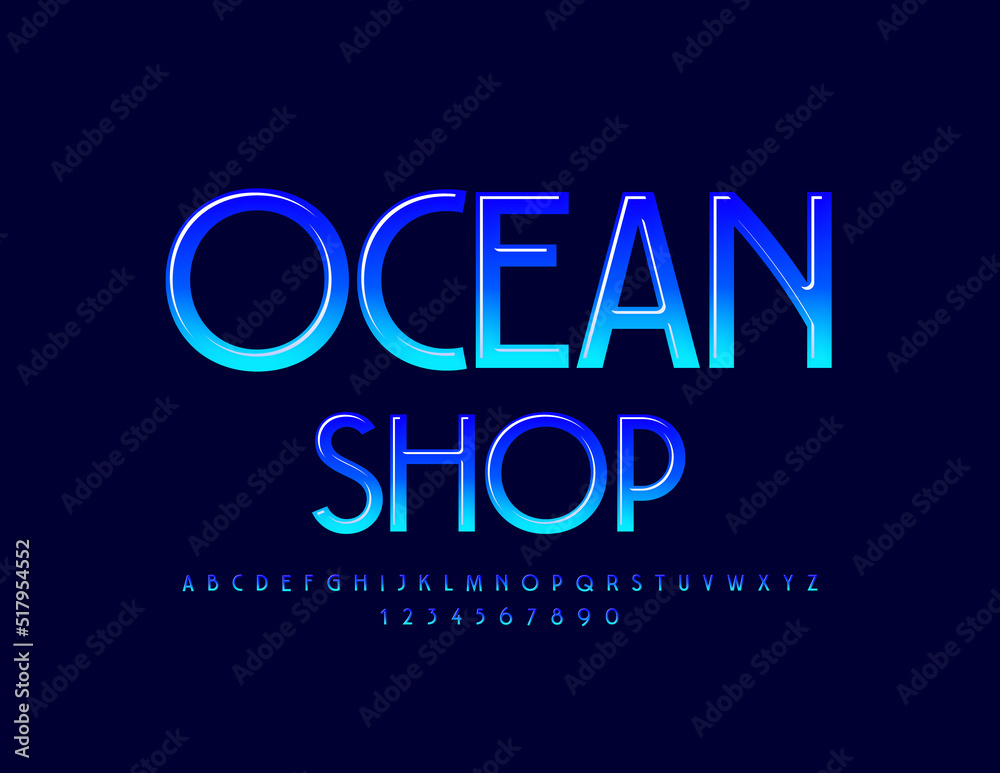 Vector modern emblem Ocean Shop. Blue gradient Font. Stylish set of Alphabet Letters and Numbers
