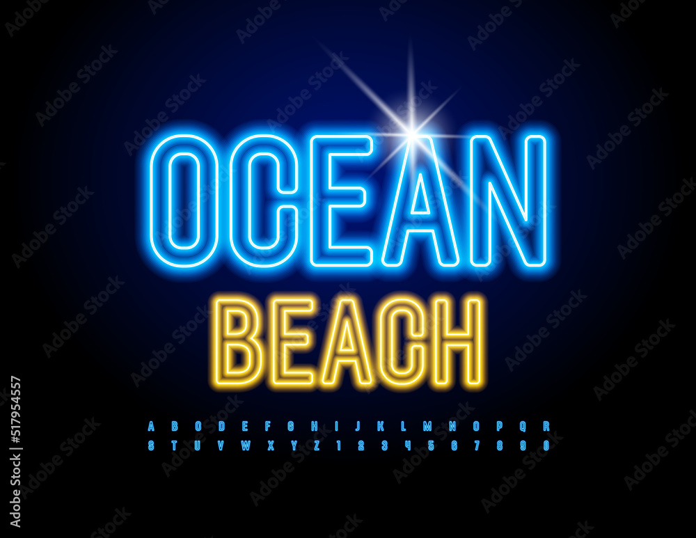 Vector glowing logo Ocean Beach. Blue Neon Font. Bright Illuminated Alphabet Letters and Numbers set