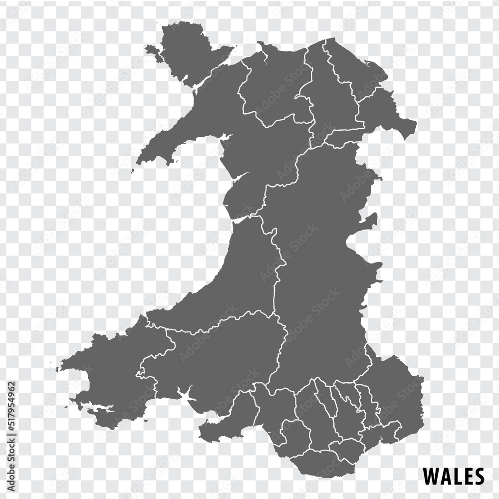 Blank map of Wales. High quality map with regions of Wales on transparent background for your web site design, app, UI.  United Kingdom. EPS10.