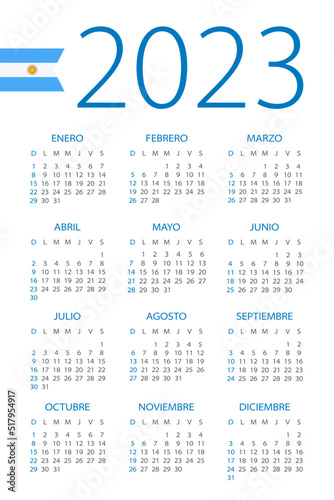Calendar 2023 year - vector template illustration. Argentinian version