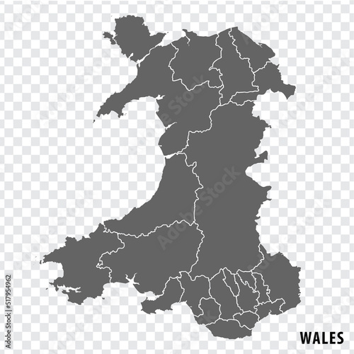 Blank map of Wales. High quality map with regions of Wales on transparent background for your web site design, app, UI. United Kingdom. EPS10.