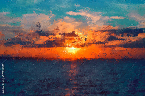 Fiery red sunset on the Kiev Sea. Digital oil painting in large strokes in the style of modern impressionism.