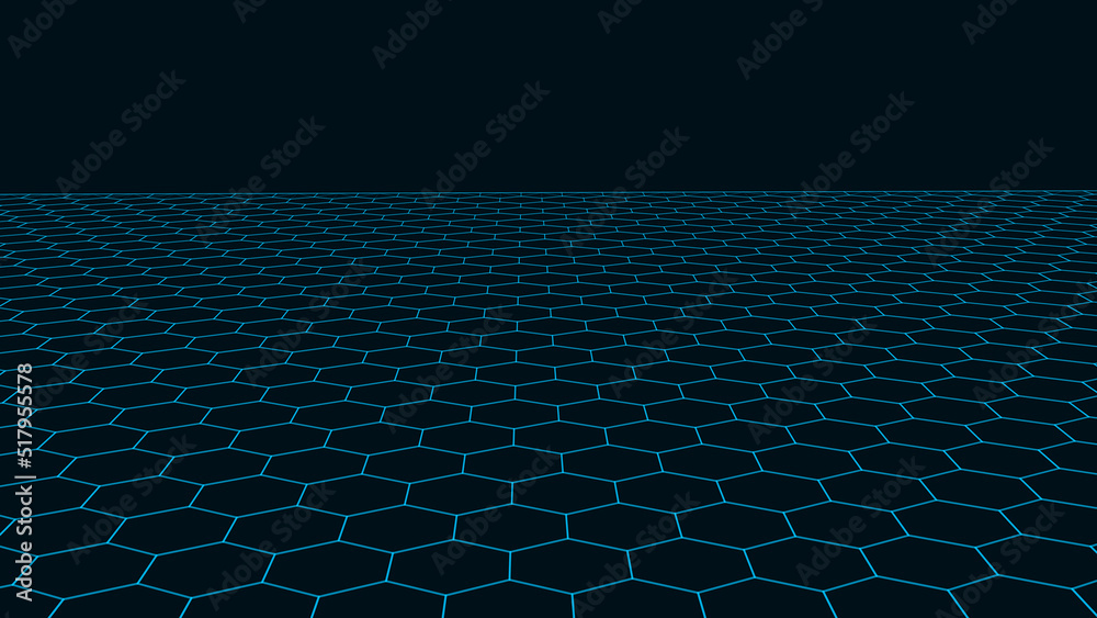 Perspective hexagonal blue grid on a dark background. Futuristic vector illustration. Background in the style of the 80s. Perspective hexagonal blue grid on a dark background. Futuristic vector illustration. Background in the style of the 80s.