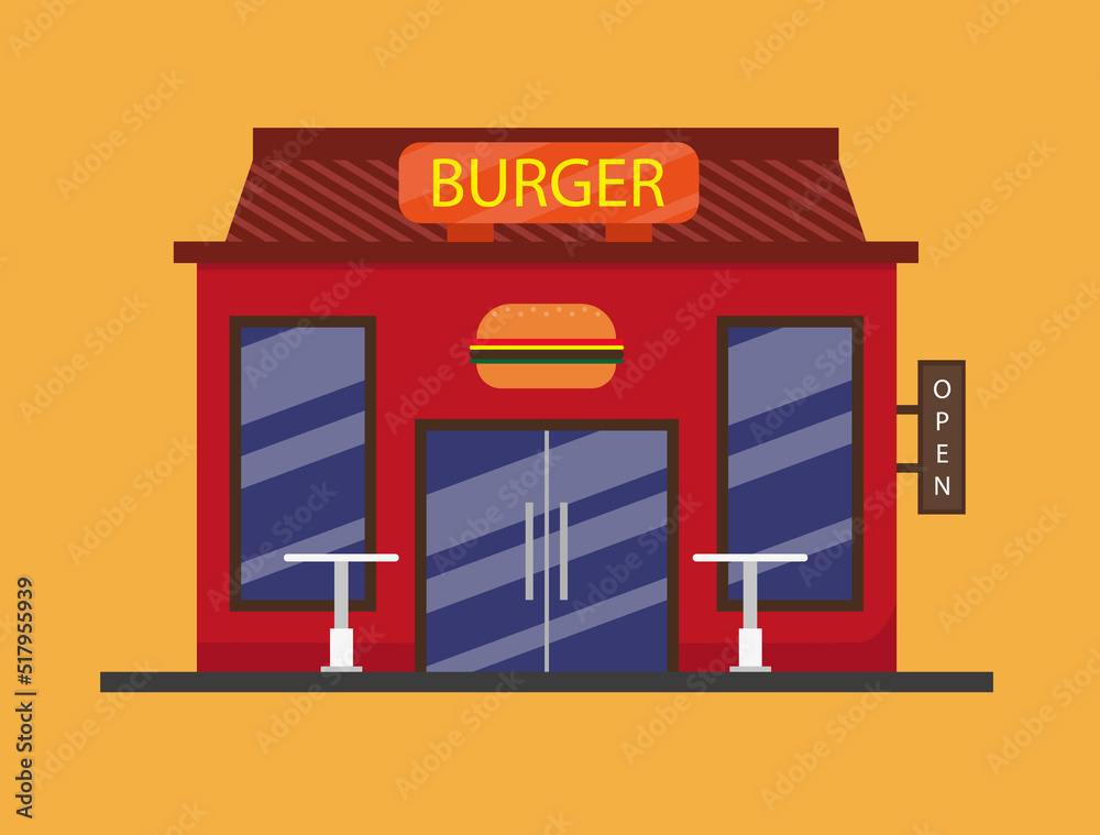 Flat style burger building with tables. Flat style burger building with tables.