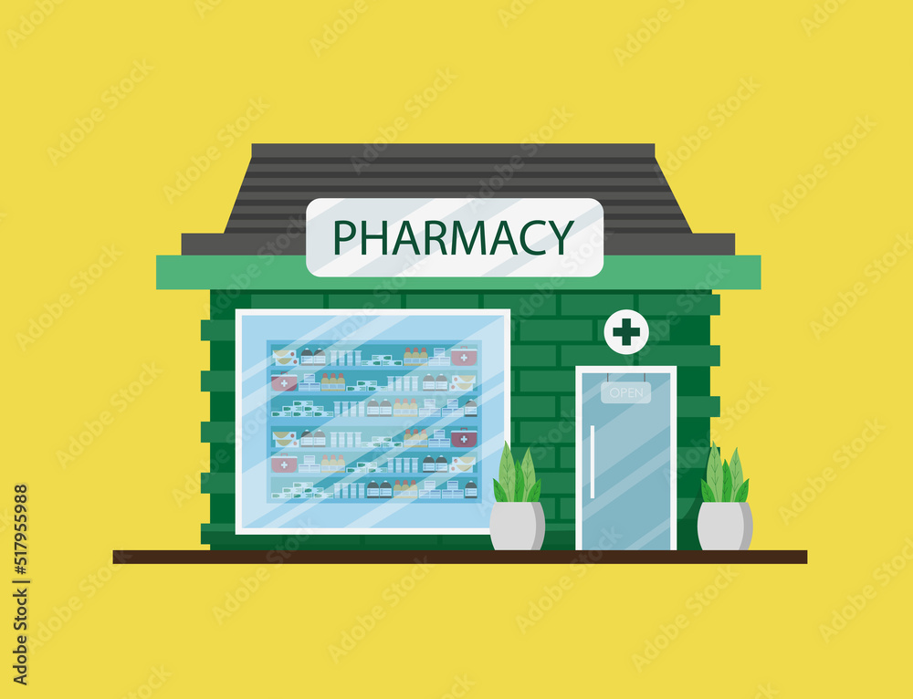 Pharmacy building in flat style with a showcase. Pharmacy building in flat style with a showcase.