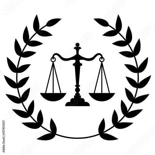 Notary office icon, notary service vector emblem with scales, laurel wreath, law and justice, probate or regulation isolated monochrome label, judicial authority.