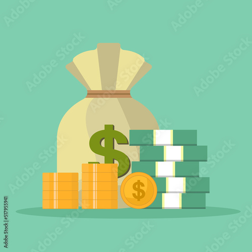 Money bag, paper money and golden coins with dollar sign, flat style vector illustration isolated on green background.
