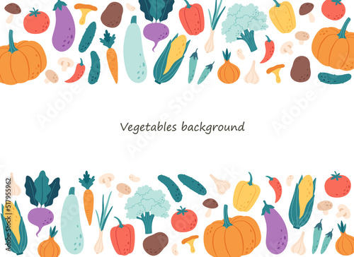 Vegetables, mushrooms and beans background. Natural organic nutrition. Healthy food, dietetics products, fresh vitamin grocery products. Vector illustration in flat style
