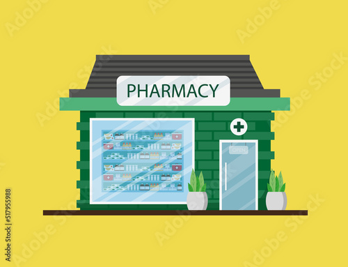 Pharmacy building in flat style with a showcase.