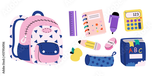 Set of study school supplies: backpack, pencil, ruler, calculator, abc book, notebook with stickers, eraser, apple, pen. Children's cute stationery subjects. Back to school. Flat illustration.
