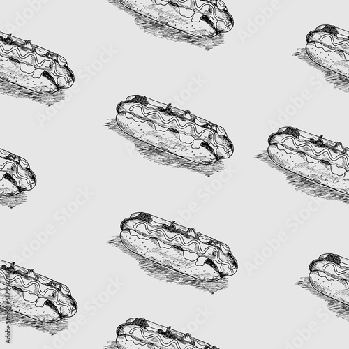 Hot dog seamless handmade background. A continuous fast food pattern of schematic hot dogs randomly arranged on a white background. For packaging,fast food design