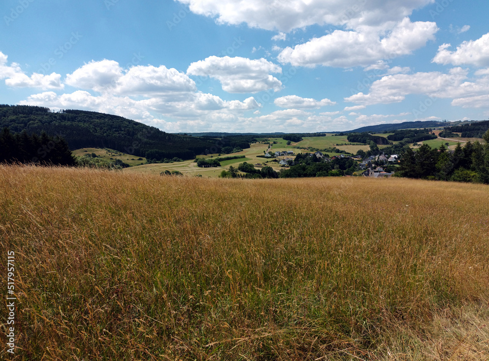 Blick auf den Ort Wallenborn in der Vulkaneifel, Rheinland-Pfalz vom Wanderweg Heimatspur Wallenborner Weg.