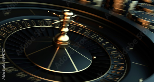 Casino roulette and chips. Vegas casino game. Probability of luck in gambling. Online casino. 3d rendering.